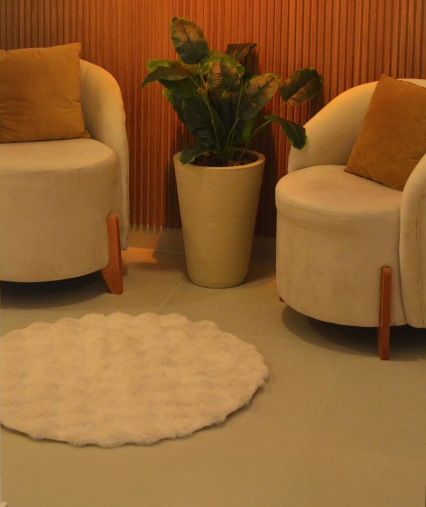 Salle d’attente chaleureuse avec fauteuils et plante